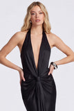 Halter Mermaid Black Ruched Satin Formal Dress