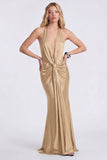 Halter Mermaid Black Ruched Satin Formal Dress