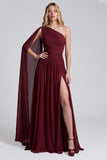 One Shoulder Burgundy A Line Formal Dress with Slit