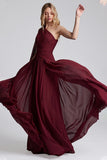 One Shoulder Burgundy A Line Formal Dress with Slit