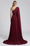 One Shoulder Burgundy A Line Formal Dress with Slit