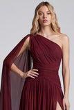 One Shoulder Burgundy A Line Formal Dress with Slit
