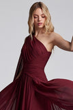 One Shoulder Burgundy A Line Formal Dress with Slit