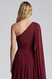 One Shoulder Burgundy A Line Formal Dress with Slit
