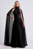 Burgundy Halter A Line Pleated Formal Dress with Cape Sleeves