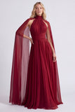 Burgundy Halter A Line Pleated Formal Dress with Cape Sleeves