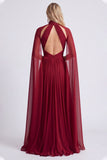 Burgundy Halter A Line Pleated Formal Dress with Cape Sleeves