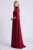 Burgundy Halter A Line Pleated Formal Dress with Cape Sleeves