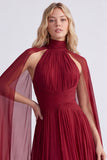 Burgundy Halter A Line Pleated Formal Dress with Cape Sleeves