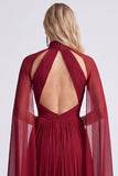 Burgundy Halter A Line Pleated Formal Dress with Cape Sleeves