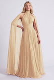 Burgundy Halter A Line Pleated Formal Dress with Cape Sleeves