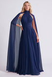 Burgundy Halter A Line Pleated Formal Dress with Cape Sleeves