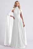 Burgundy Halter A Line Pleated Formal Dress with Cape Sleeves
