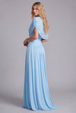 Sky Blue Mermaid Ruched Maxi Dress with Cape Sleeves