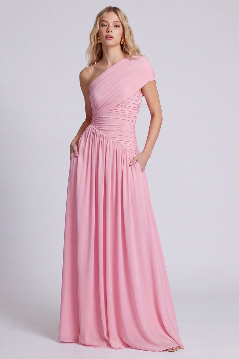 Wedtrend Women One Shoulder Pink Bridesmaid Dress A Line Ruched Long Party  Dress – WEDTREND