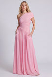 One Shoulder Pink A Line Ruched Bridesmaid Dress