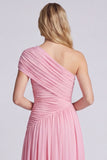 One Shoulder Pink A Line Ruched Bridesmaid Dress