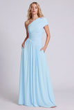 One Shoulder Pink A Line Ruched Bridesmaid Dress