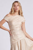 Off the Shoulder Champagne Ruched Satin Formal Dress