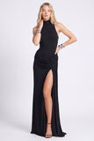 Black High Neck Sheath Ruched Formal Dress with Slit
