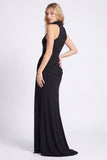 Black High Neck Sheath Ruched Formal Dress with Slit