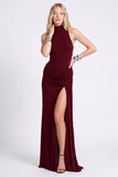 Black High Neck Sheath Ruched Formal Dress with Slit