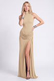 Black High Neck Sheath Ruched Formal Dress with Slit