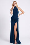 Black High Neck Sheath Ruched Formal Dress with Slit