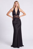 Halter Black Mermaid Long Formal Dress with Lace