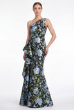 One Shoulder Mermaid Blue Floral Jacquard Mother of the Bride Dress