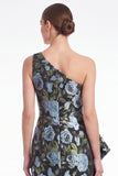 One Shoulder Mermaid Blue Floral Jacquard Mother of the Bride Dress