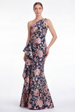 One Shoulder Mermaid Blue Floral Jacquard Mother of the Bride Dress