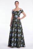 Blue Floral Jacquard Off the Shoulder A Line Mother of the Bride Dress