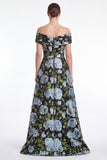 Blue Floral Jacquard Off the Shoulder A Line Mother of the Bride Dress