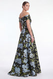 Blue Floral Jacquard Off the Shoulder A Line Mother of the Bride Dress