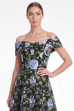 Blue Floral Jacquard Off the Shoulder A Line Mother of the Bride Dress
