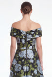 Blue Floral Jacquard Off the Shoulder A Line Mother of the Bride Dress