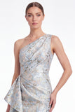 Mermaid Blue Flower One Shoulder Mother of the Bride Dress