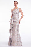 Mermaid Blue Flower One Shoulder Mother of the Bride Dress