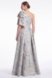One Shoulder Blue Floral Jacquard A Line Mother of the Bride Dress