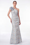 Blue Floral Jacquard One Shoulder Mermaid Mother of the Bride Dress