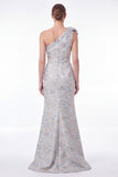 Blue Floral Jacquard One Shoulder Mermaid Mother of the Bride Dress