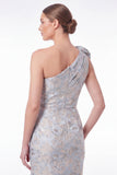 Blue Floral Jacquard One Shoulder Mermaid Mother of the Bride Dress