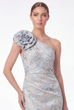 Blue Floral Jacquard One Shoulder Mermaid Mother of the Bride Dress