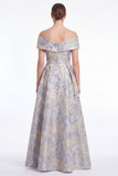 Off the Shoulder A Line Blue Floral Jacquard Mother of the Bride Dress