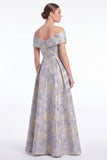 Off the Shoulder A Line Blue Floral Jacquard Mother of the Bride Dress