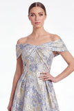 Off the Shoulder A Line Blue Floral Jacquard Mother of the Bride Dress