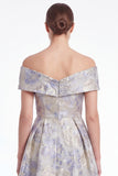 Off the Shoulder A Line Blue Floral Jacquard Mother of the Bride Dress