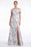 A Line Off the Shoulder Blue Floral Jacquard Mother of the Bride Dress with Slit