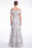 A Line Off the Shoulder Blue Floral Jacquard Mother of the Bride Dress with Slit